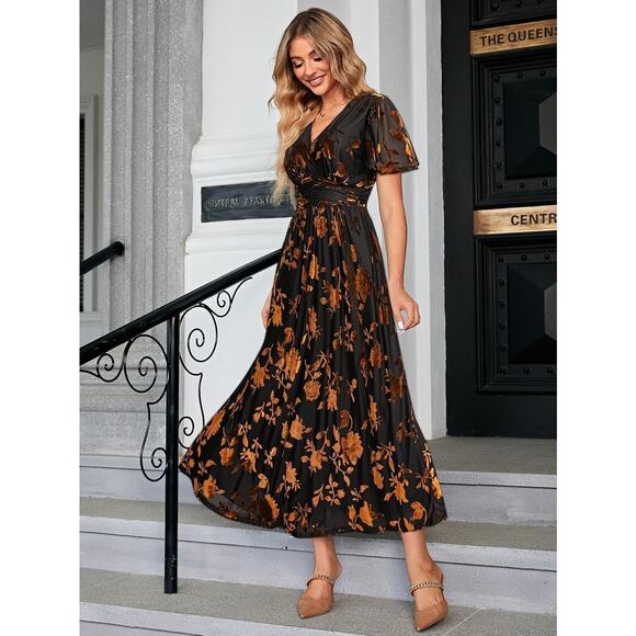 Simplee FLORAL V Neck Velvet Maxi Dress SZ S - Picture 4 of 4